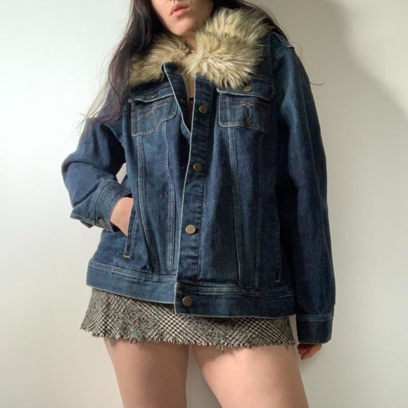 Ralph Lauren LRL Dark Blue Wash Denim Jacket With Light Brown Faux Fur Collar
